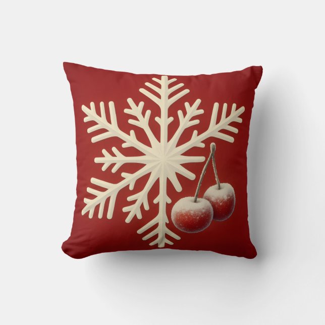 Frozen Cherry Snowflake – Winter Magic Design Throw Pillow (Front)