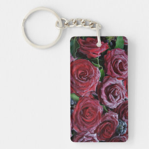 Frozen Dark Red Roses On A Grave Keychain