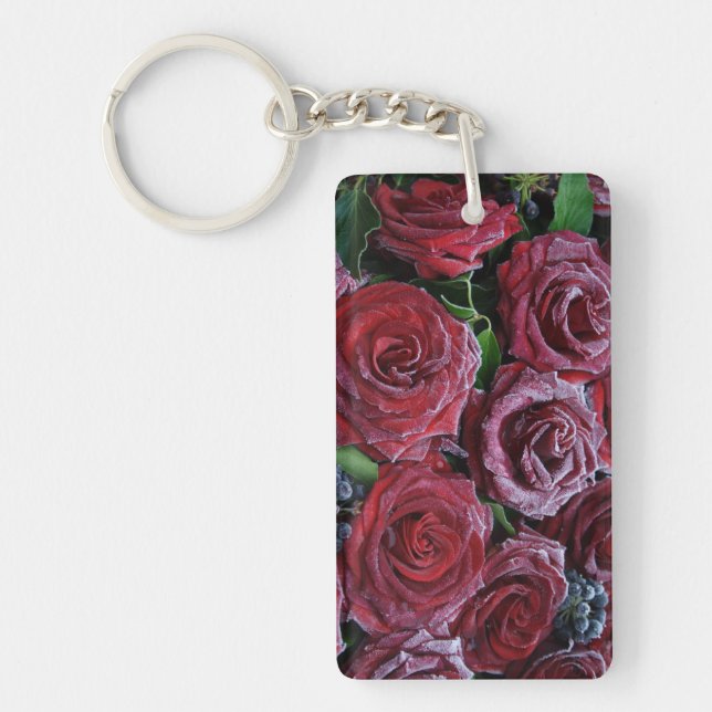 Frozen Dark Red Roses On A Grave Keychain (Front)