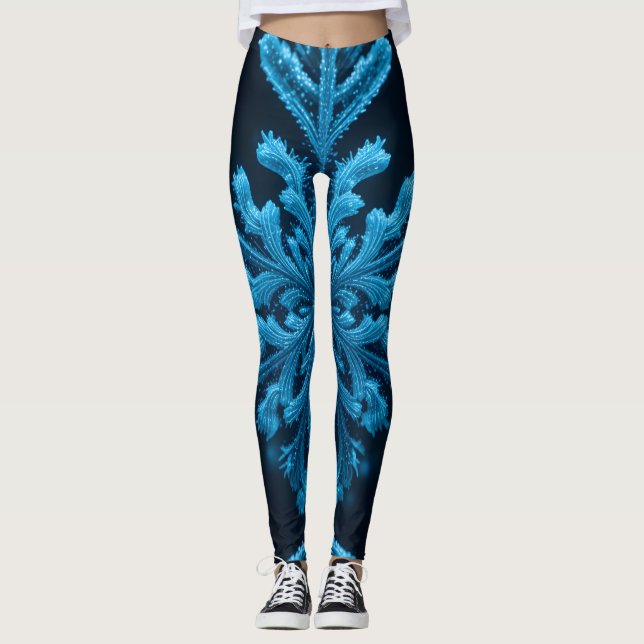 Frozen Elegance: Intricate Blue Snowflake Design Leggings (Front)