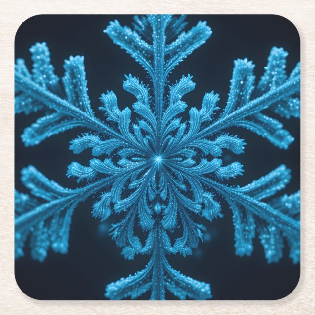 Frozen Elegance: Intricate Blue Snowflake Design Square Paper Coaster (Front)