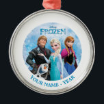 Frozen Group Personalized Add Your Name Metal Ornament<br><div class="desc">Celebrate the magic of Arendelle with this customizable Frozen ornament featuring Elsa, Anna, Olaf, Kristoff, and Sven! This beautifully illustrated design captures the beloved characters in a wintry scene, making it a perfect keepsake for any Frozen fan. Personalize it with a name to create a one-of-a-kind holiday decoration or a...</div>