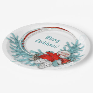 Frozen Ice Blue Christmas Branch Red Poinsettia Paper Plate