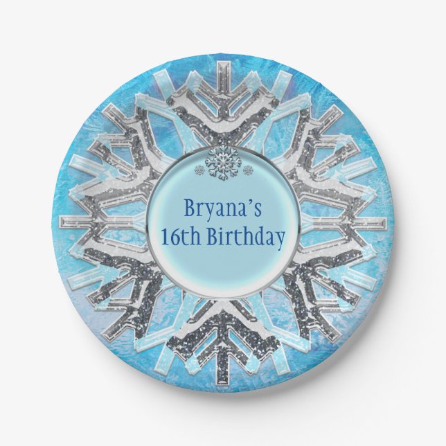 Frozen Ice Winter Wonderland Big Snowflake Party Paper Plate (Front)