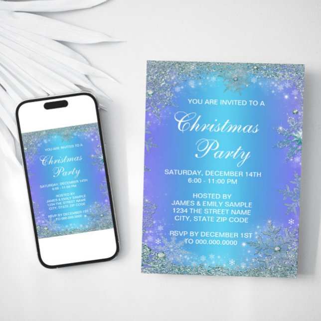 Frozen Lavender Purple Teal Snowflake Christmas Invitation (Snowflake Christmas party invitation with purple and teal background. For instant download and print)