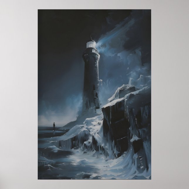 Frozen Lighthouse Winter Sea Art, Ocean Coastal Poster (Front)