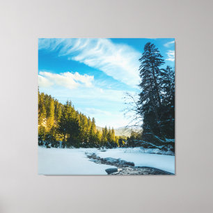 frozen mountain river among the forest in winter canvas print