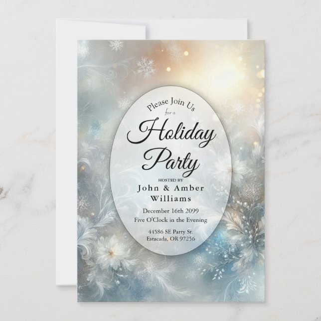 Frozen Petals in Golden Winter Mist Holiday Party Invitation (Front)