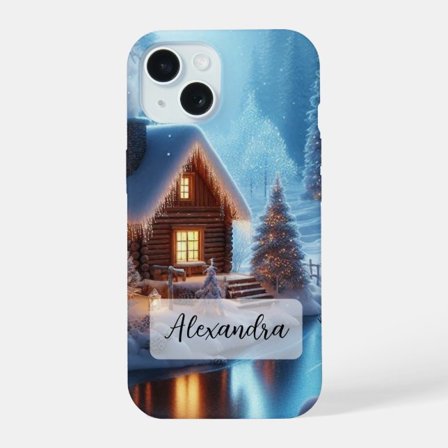 Frozen River Christmas Trees Lanterns Cozy Cabin iPhone 15 Case (Back)