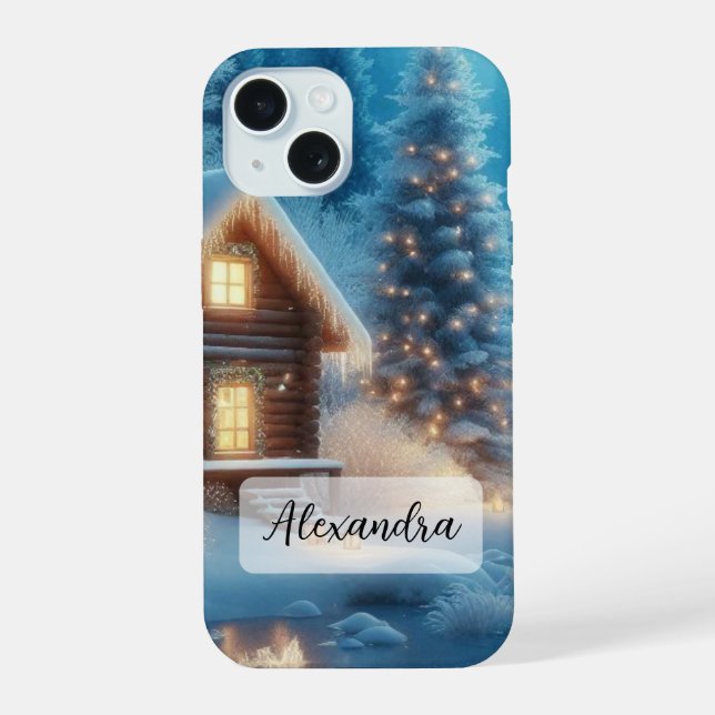 Frozen River, Cozy Cabin, Snow, Pine Trees iPhone 15 Case (Back)