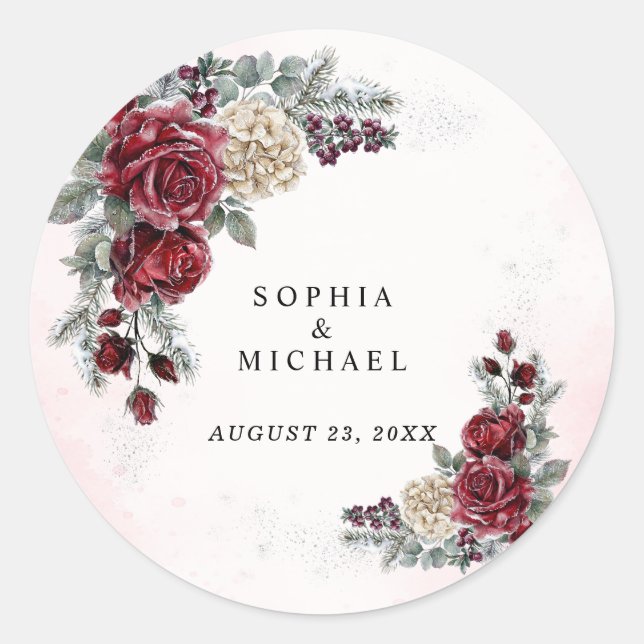 Frozen Roses Winter Wedding  Classic Round Sticker (Front)
