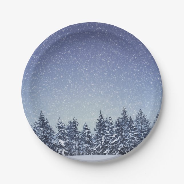 Frozen Snow Winter Forest Scene Paper Plate (Front)