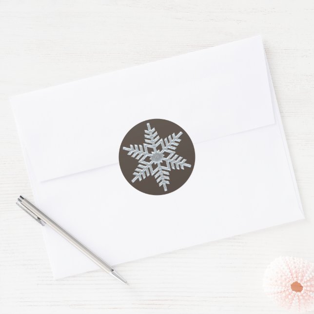 Frozen Snowflake Elegant Brown Nature Christmas Classic Round Sticker (Envelope)