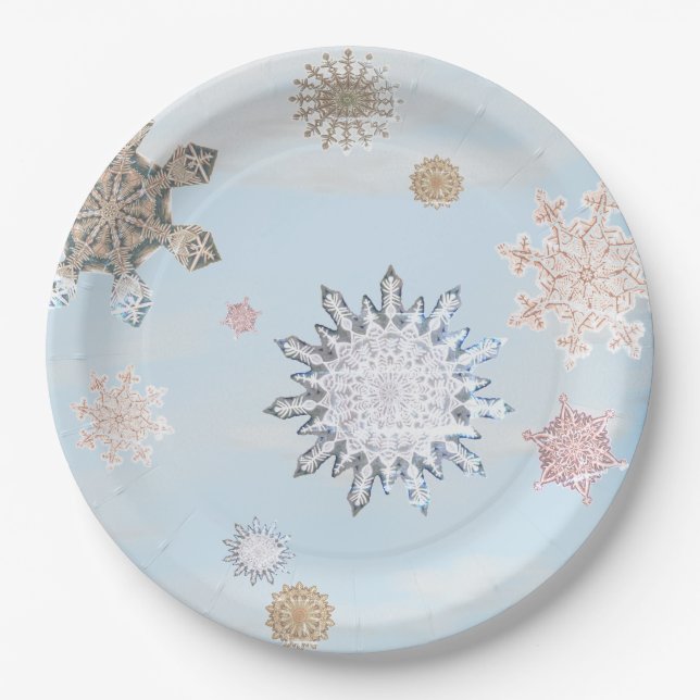 Frozen Snowflake Winter Gleam Paper Plates (Front)