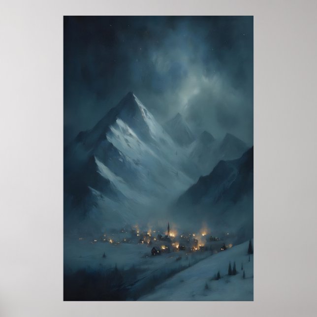 Frozen Snowy Mountain Village Under Snowy Twilight Poster (Front)