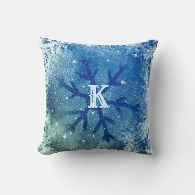 Frozen Watercolor Snowflake | Monogram Throw Pillow (Front)