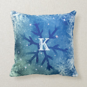 Frozen Watercolor Snowflake   Monogram Throw Pillow