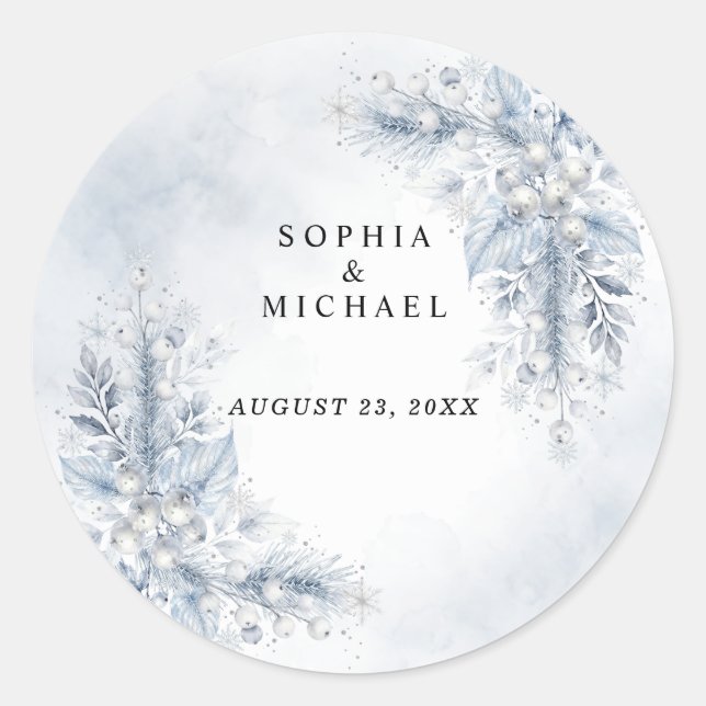 Frozen White Berries Winter Wedding  Classic Round Sticker (Front)