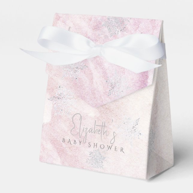 Frozen Winter Silver Snowflake Pink Baby Shower Favor Box (Front Side)