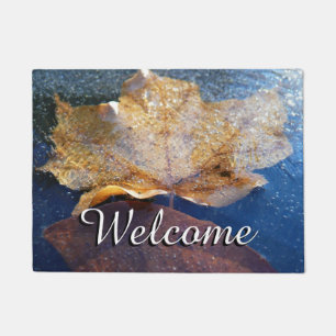 Frozen Yellow Maple Leaf Autumn Nature Doormat