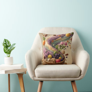 Fruit and Floral Basket Digital Art Illustration Throw Pillow