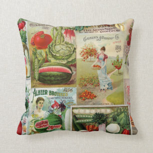 Fruit and Veggies Seed Catalogue Collage Throw Pillow