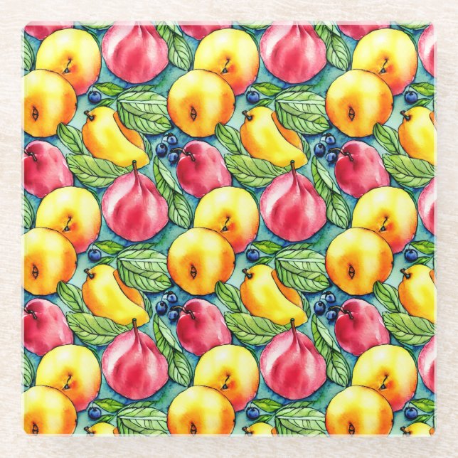 Fruit apple pear summer watercolor pattern glass coaster (Front)