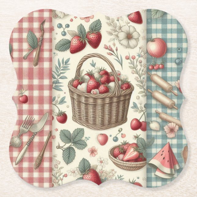 Fruit Basket Gingham Fun Paper Coaster (Front)