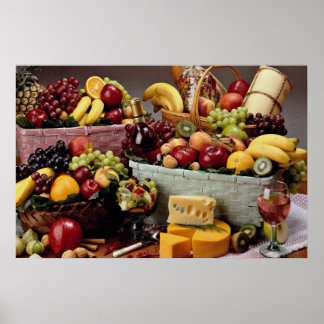Fruit baskets, mixed fruit and cheeses poster