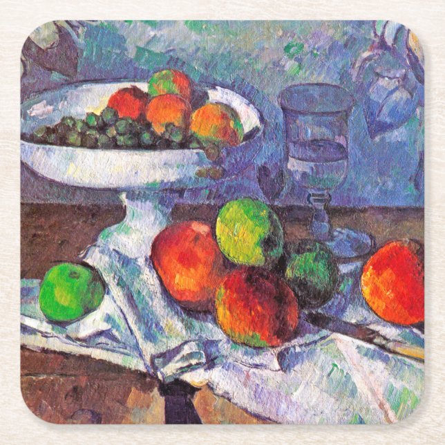 Fruit bowl, Glass and Apples, Cezanne Square Paper Coaster (Front)