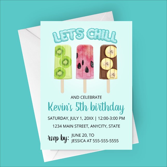 Fruit Chill Bars Anniversaire Fête Invitation (Let's Chill Birthday Party Invitation - Fruit Popsicle - Kiwi, Watermelon and Banana )