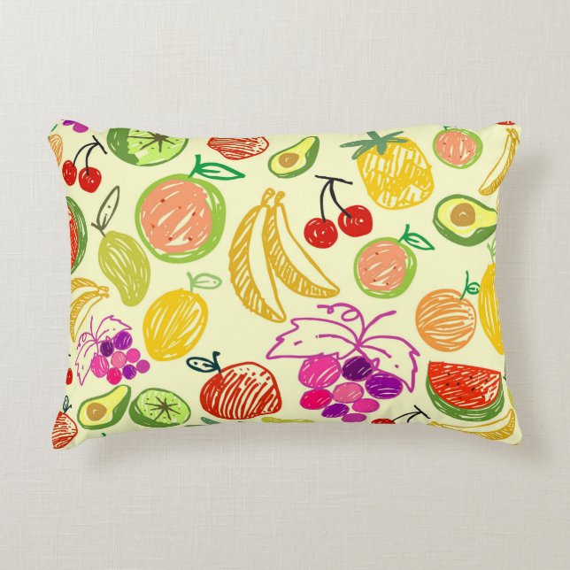 Fruit Doodle Pattern Reversible Yellow Accent Pillow (Front)