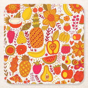 Fruit Doodles: Summer Vintage Pattern. Square Paper Coaster