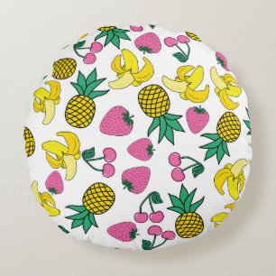 Fruit Fiesta: Bananas, Pineapples, Strawberries Round Pillow