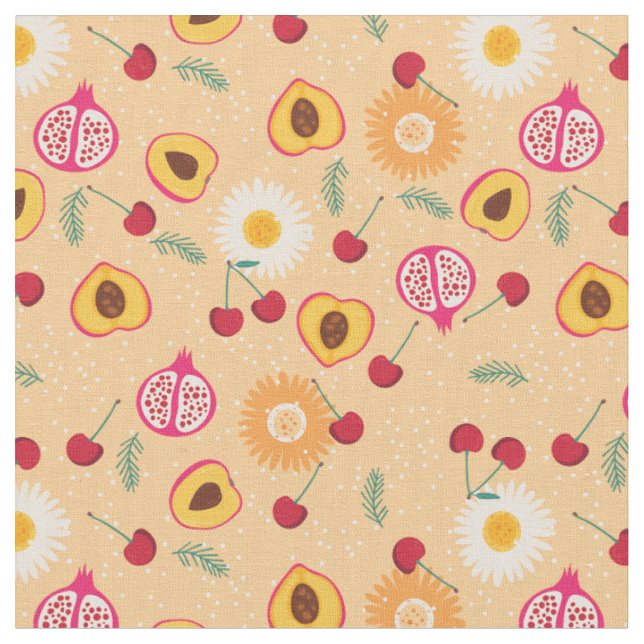 fruit floral cherry pomegranate peach daisy fabric (Close Up)