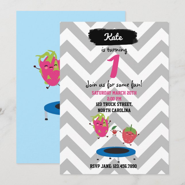 Fruit Jumping On Trampoline Birthday Invitation (Front/Back)