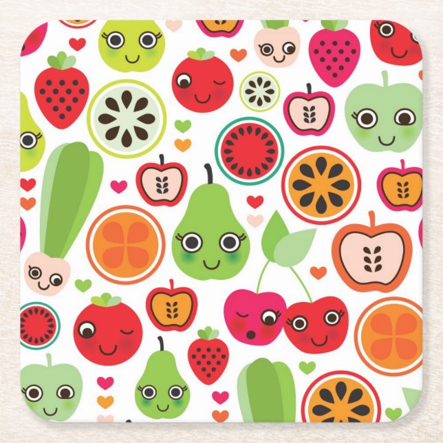 fruit kids illustration apple square paper coaster (Front)