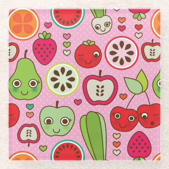 fruit kitchen illustration pattern glass coaster (Front)