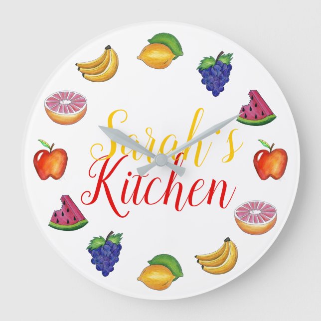 Fruit Lemon Lime Apple Banana Grapes Melon Kitchen Large Clock (Front)