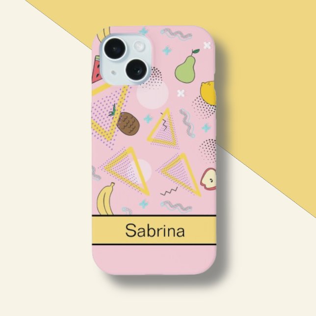 Fruit Memphis Pattern Pink iPhone 15 Case (Creator Uploaded)