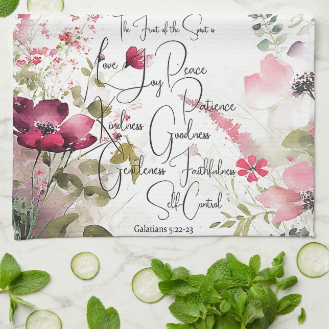 Fruit of the Spirit pink floral Kitchen Towel (Folded)