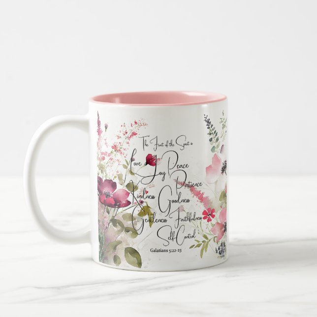 Fruit of the Spirit pink floral Two-Tone Coffee Mug (Left)