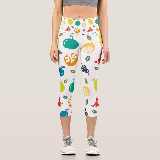 Fruit Pattern, Plum, Orange, Lemon, Pear, Apple Capri Leggings (Front)