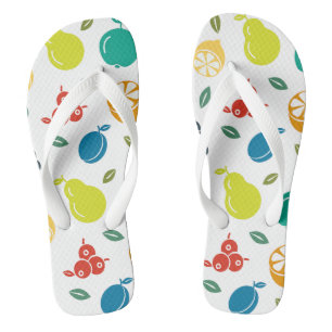 Fruit Pattern, Plum, Orange, Lemon, Pear, Apple Flip Flops