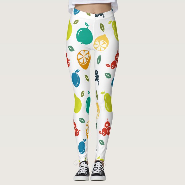 Fruit Pattern, Plum, Orange, Lemon, Pear, Apple Leggings (Front)
