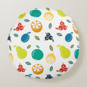 Fruit Pattern, Plum, Orange, Lemon, Pear, Apple Round Pillow