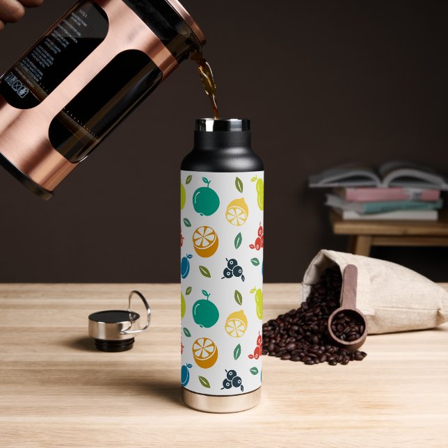Fruit Pattern, Plum, Orange, Lemon, Pear, Apple Water Bottle (Coffee)