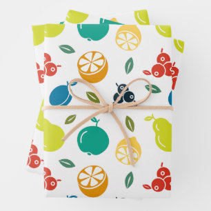 Fruit Pattern, Plum, Orange, Lemon, Pear, Apple Wrapping Paper Sheet