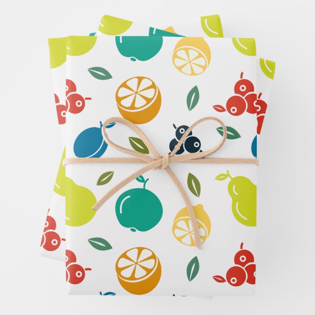 Fruit Pattern, Plum, Orange, Lemon, Pear, Apple Wrapping Paper Sheet (In situ)
