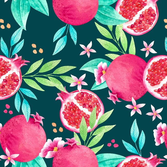 Fruit Pattern Throw Pillow (Seamless pattern with pomegranates, flowers and leaves on a dark background, watercolor style.)